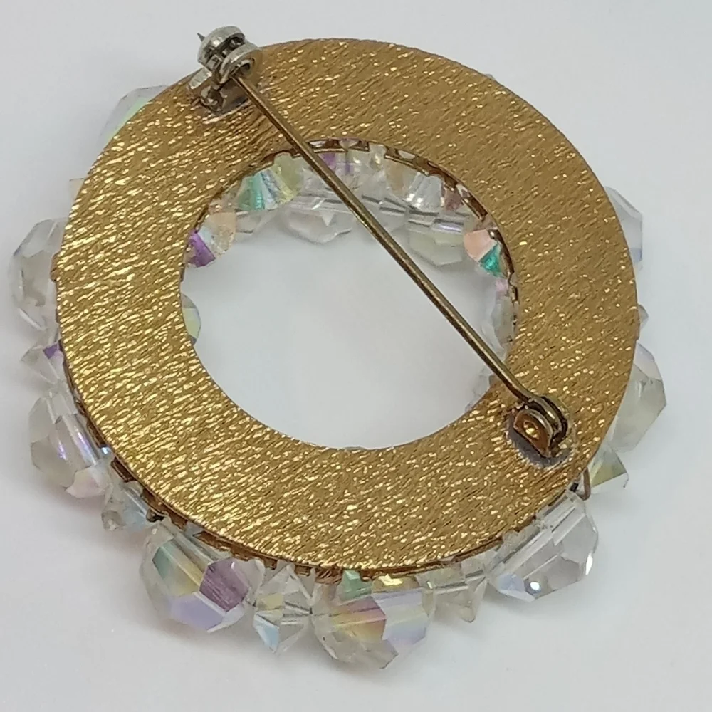 * vintage AB glass crystal bead circle cluster gold tone pin brooch